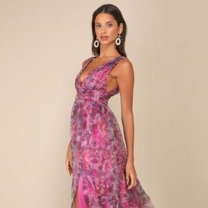 Lulu's Garden Romance Magenta Floral Print Organza Maxi Dress